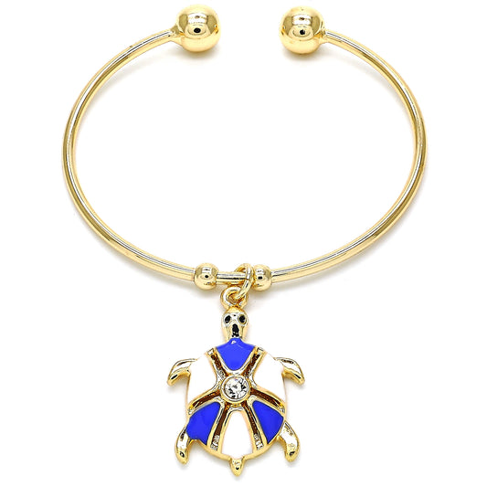 Gold Plated Gold Filled Oro Laminado Oro Laminado Individual Bangle, Gold Filled Style Turtle Design, with White Crystal, Blue Enamel 
