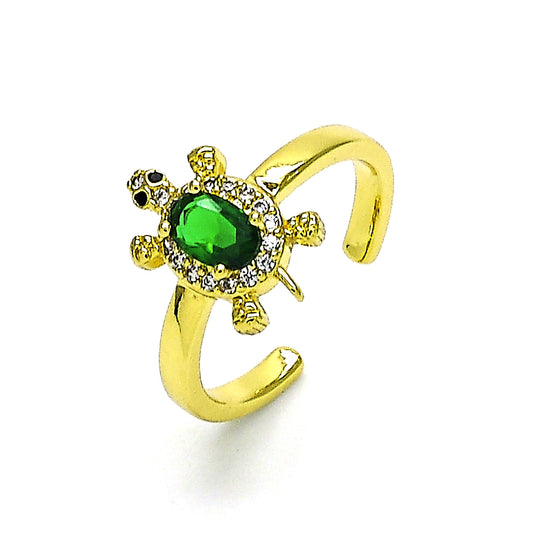Oro Laminado Multi Stone Ring, Gold Filled Style Turtle Design, with Green Cubic Zirconia and White Micro Pave, Polished, Golden Finish