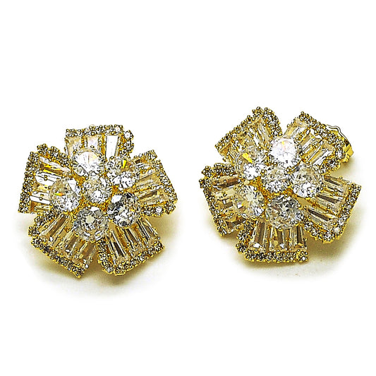Gold Plated Gold Filled Oro Laminado Oro Laminado Stud Earring, Gold Filled Style Flower and Baguette Design, with White Cubic Zirconia, Polished, Golden 