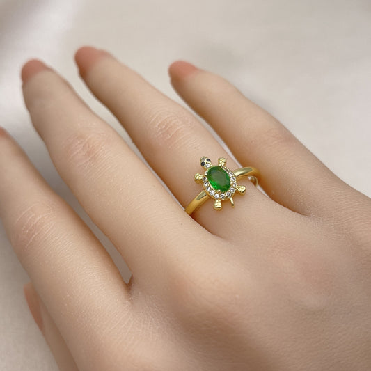 Oro Laminado Multi Stone Ring, Gold Filled Style Turtle Design, with Green Cubic Zirconia and White Micro Pave, Polished, Golden Finish
