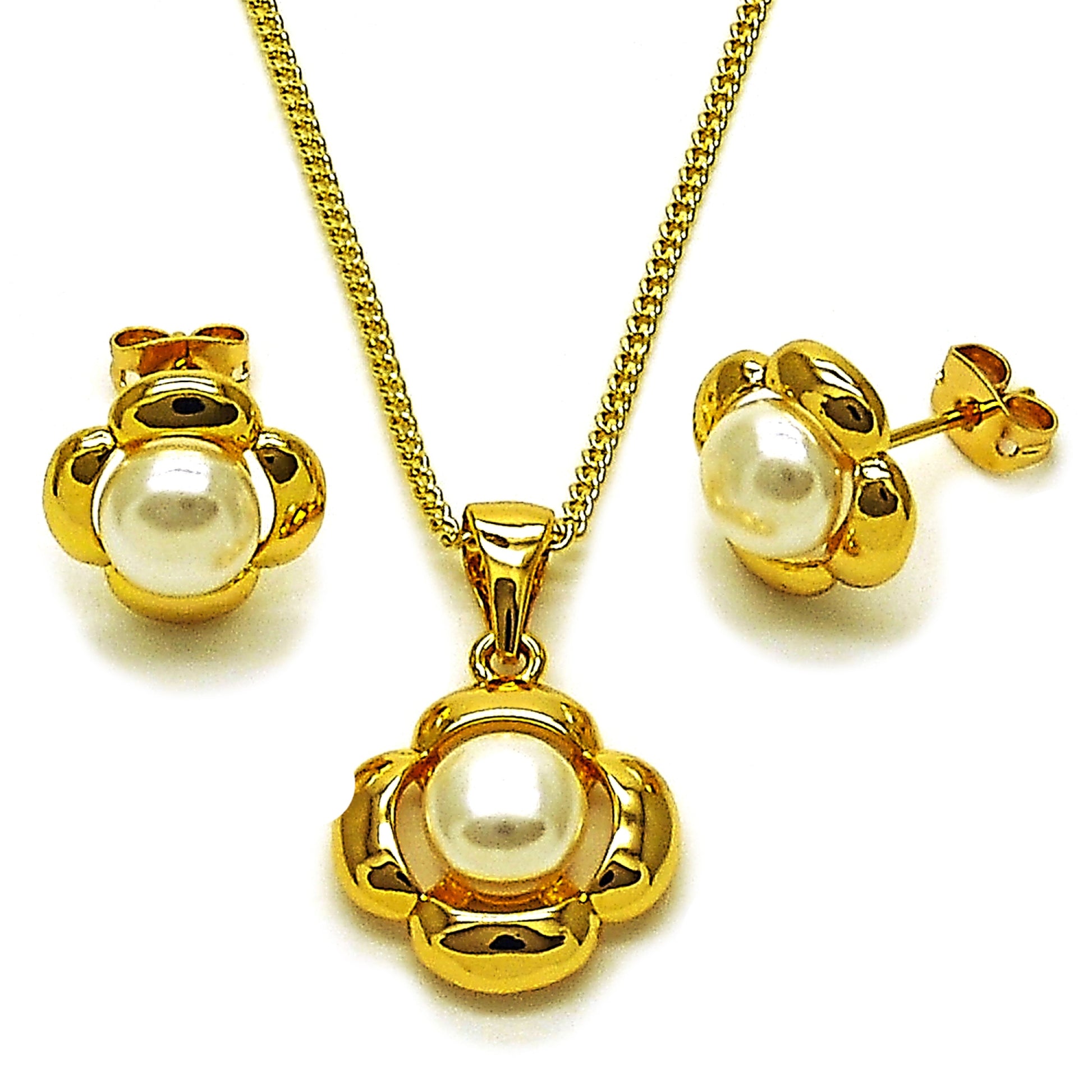 Gold Plated Gold Filled Oro Laminado Oro Laminado Earring and Pendant Adult Set, Gold Filled Style Four-leaf Clover Design, with Ivory Pearl, Polished, Golden 