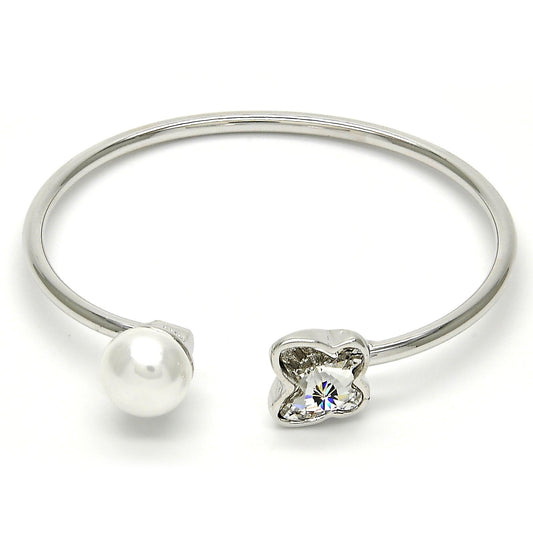 Rhodium Plated Individual Bangle, Butterfly Design, with Crystal Swarovski Crystals and Ivory Pearl, Polished, Rhodium Finish