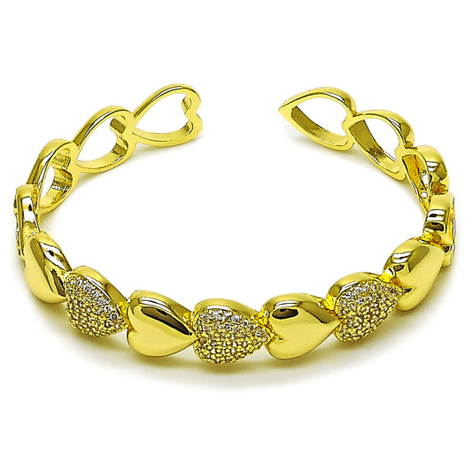 Gold Plated Gold Filled Oro Laminado Oro Laminado Individual Bangle, Gold Filled Style Heart Design, with White Micro Pave, Polished, Tricolor, 07.237.0005