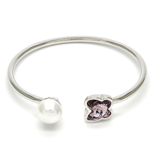 Rhodium Plated Individual Bangle, Butterfly Design, with Amethyst Swarovski Crystals and Ivory Pearl, Polished, Rhodium Finish