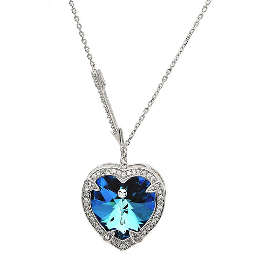Rhodium Plated Pendant Necklace, Heart Design, with Bermuda Blue Swarovski Crystals and White Micro Pave, Polished, Rhodium