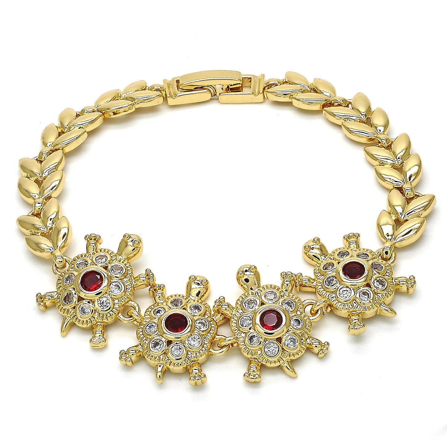 Oro Laminado Fancy Bracelet, Gold Filled Style Turtle and Leaf Design, with Garnet and White Cubic Zirconia, Polished, Golden Finish