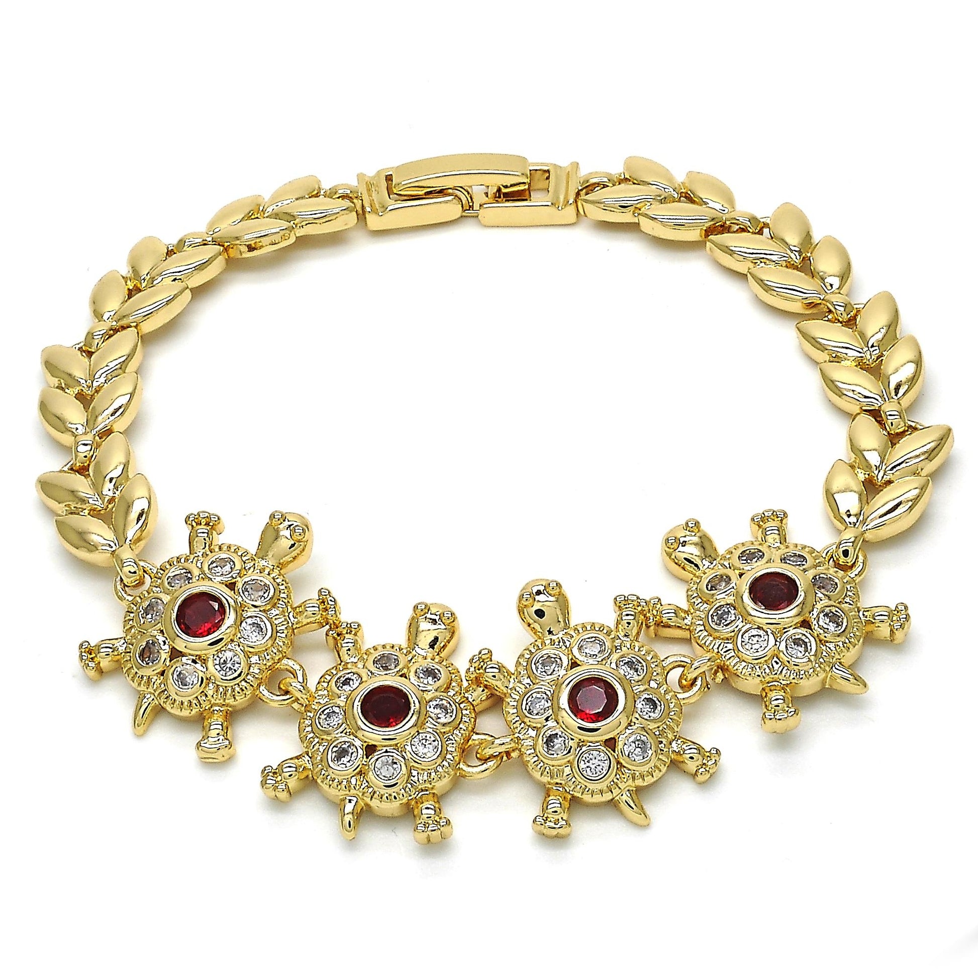 Oro Laminado Fancy Bracelet, Gold Filled Style Turtle and Leaf Design, with Garnet and White Cubic Zirconia, Polished, Golden Finish
