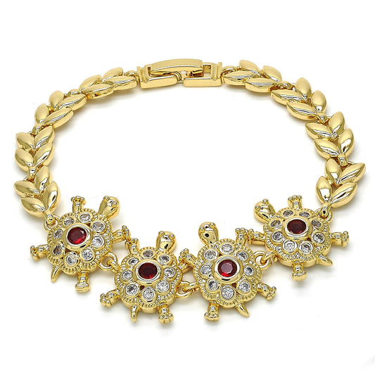 Oro Laminado Fancy Bracelet, Gold Filled Style Turtle and Leaf Design, with Garnet and White Cubic Zirconia, Polished, Golden Finish