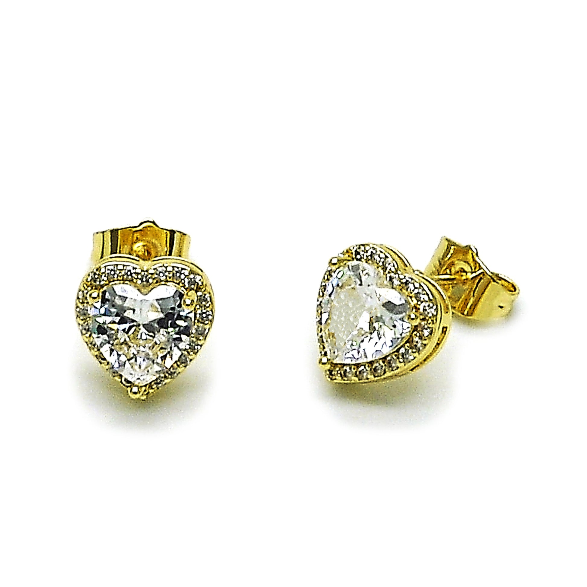 Gold Plated Gold Filled Oro Laminado Oro Laminado Stud Earring, Gold Filled Style Heart and Cluster Design, with White Cubic Zirconia and White Micro Pave, Polished, Golden 