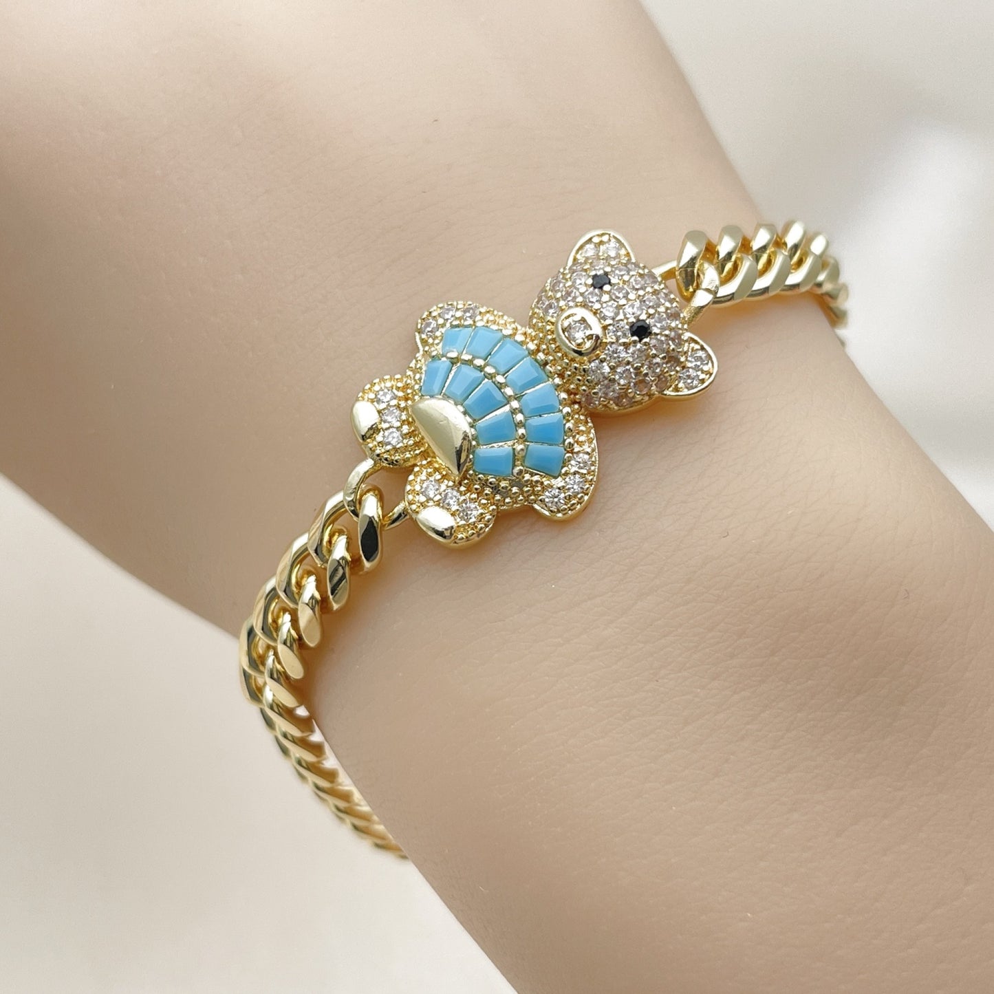 Oro Laminado Fancy Bracelet, Gold Filled Style Teddy Bear and Miami Cuban Design, with White and Black Micro Pave, Polished, Golden