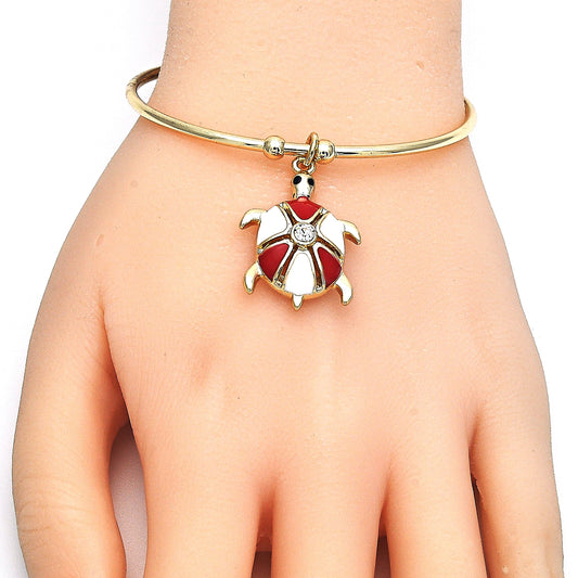 Oro Laminado Individual Bangle, Gold Filled Style Turtle Design, with White Crystal, Red Enamel