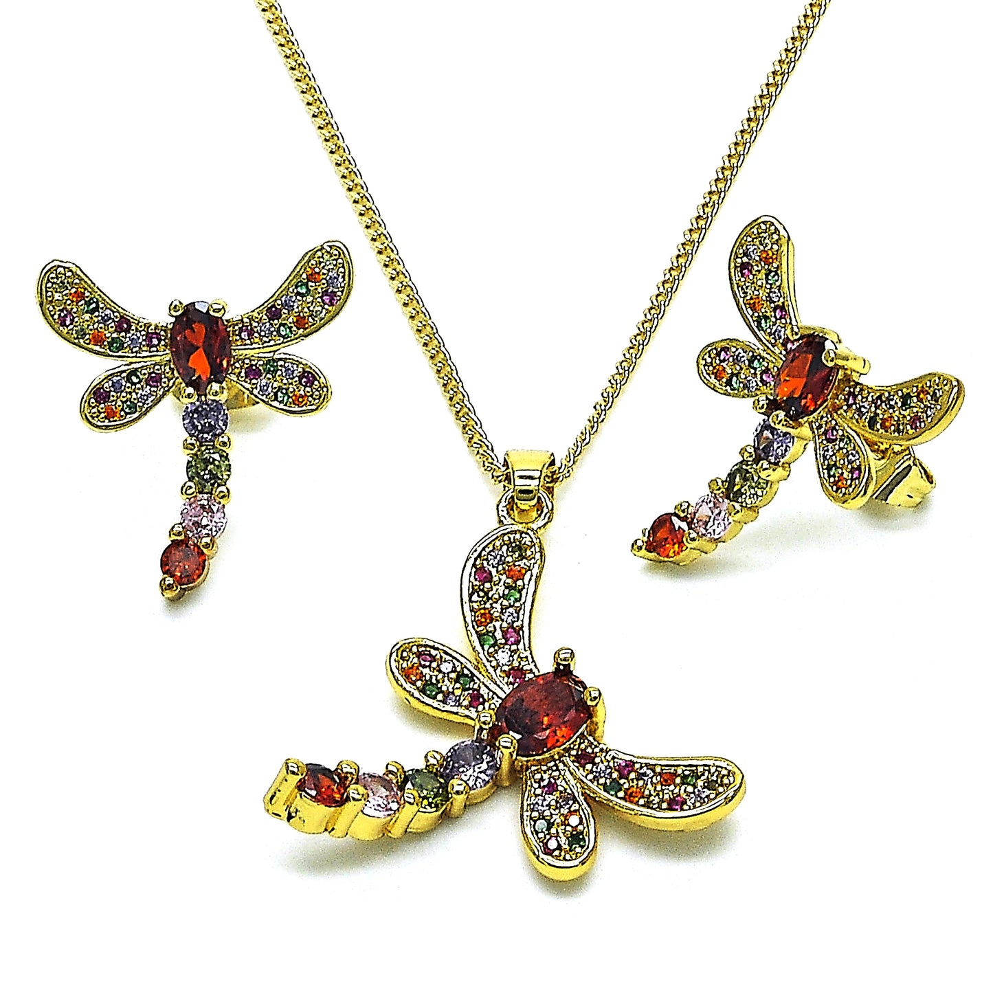 Oro Laminado Earring and Pendant Adult Set, Gold Filled Style Dragon-Fly Design, with Multicolor Cubic Zirconia, Polished, Golden Finish