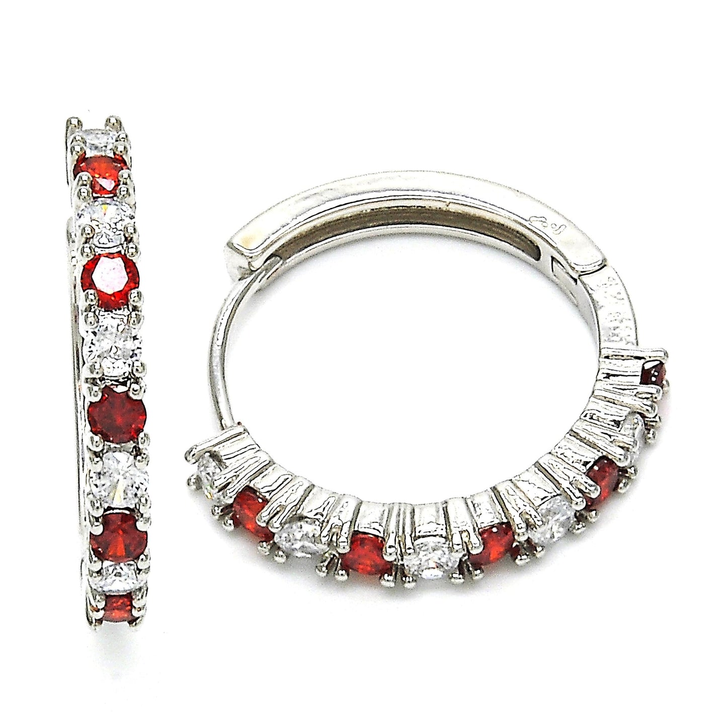 Rhodium Plated Huggie Hoop, with Garnet and White Cubic Zirconia, Polished, Rhodium Finish
