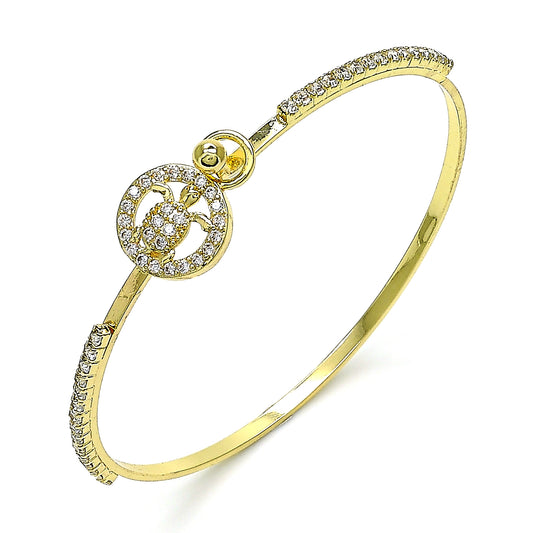 Gold Plated Gold Filled Oro Laminado Oro Laminado Individual Bangle, Gold Filled Style Turtle Design, with White Micro Pave and White Crystal, Polished, Golden 