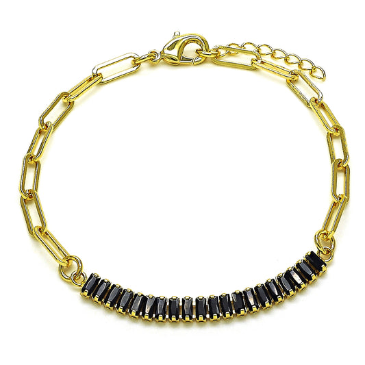 Oro Laminado Fancy Bracelet, Gold Filled Style Paperclip Design, with Black Cubic Zirconia, Polished, Golden Finish