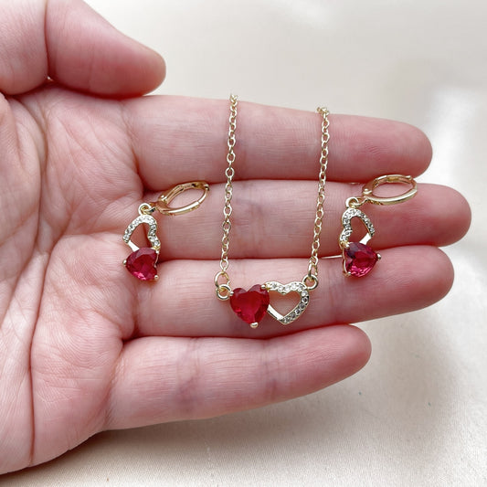 Oro Laminado Earring and Pendant Adult Set, Gold Filled Style Heart Design, with Ruby Cubic Zirconia and White Micro Pave, Polished, Golden
