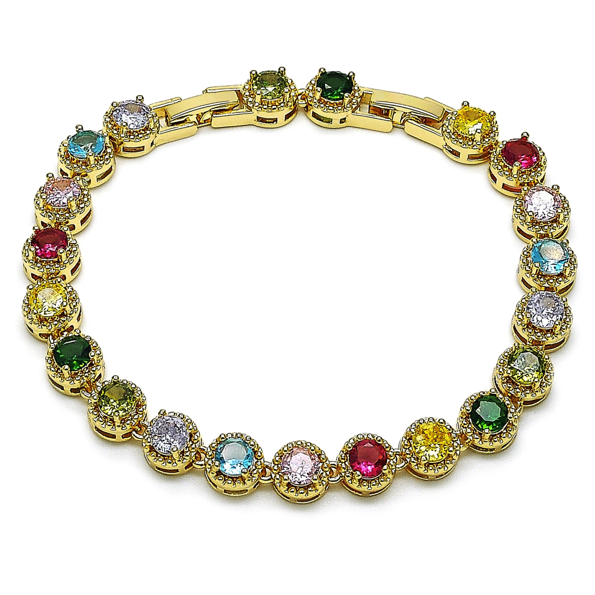 Gold Plated Gold Filled Oro Laminado Oro Laminado Fancy Bracelet, Gold Filled Style Cluster Design, with Multicolor Cubic Zirconia, Polished, Golden 