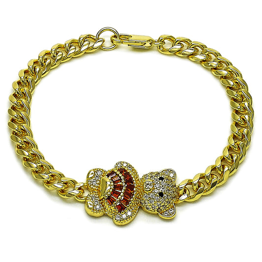 Gold Plated Gold Filled Oro Laminado Oro Laminado Fancy Bracelet, Gold Filled Style Teddy Bear and Miami Cuban Design, with Garnet Cubic Zirconia and White Micro Pave, Polished, Golden 