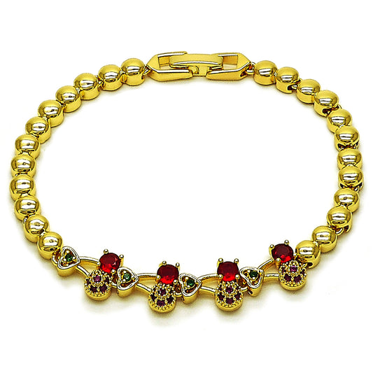 Gold Plated Gold Filled Oro Laminado Oro Laminado Fancy Bracelet, Gold Filled Style Cherry and Heart Design, with Garnet and Ruby Cubic Zirconia, Polished, Golden 