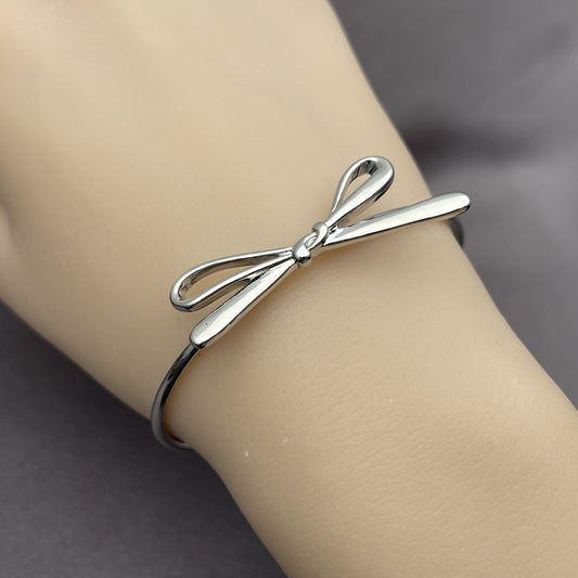 Rhodium Plated Individual Bangle, Bow Design, Polished, Rhodium