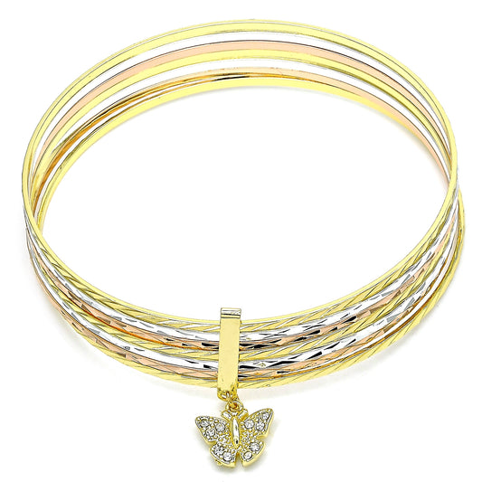 Gold Plated Gold Filled Oro Laminado Oro Laminado Semanario Bangle, Gold Filled Style Butterfly Design, with White Crystal, Diamond Cutting 