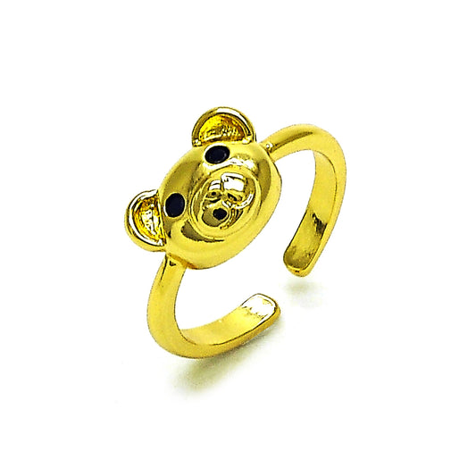 Oro Laminado Multi Stone Ring, Gold Filled Style Teddy Bear Design, with Black Cubic Zirconia, Polished, Golden Finish
