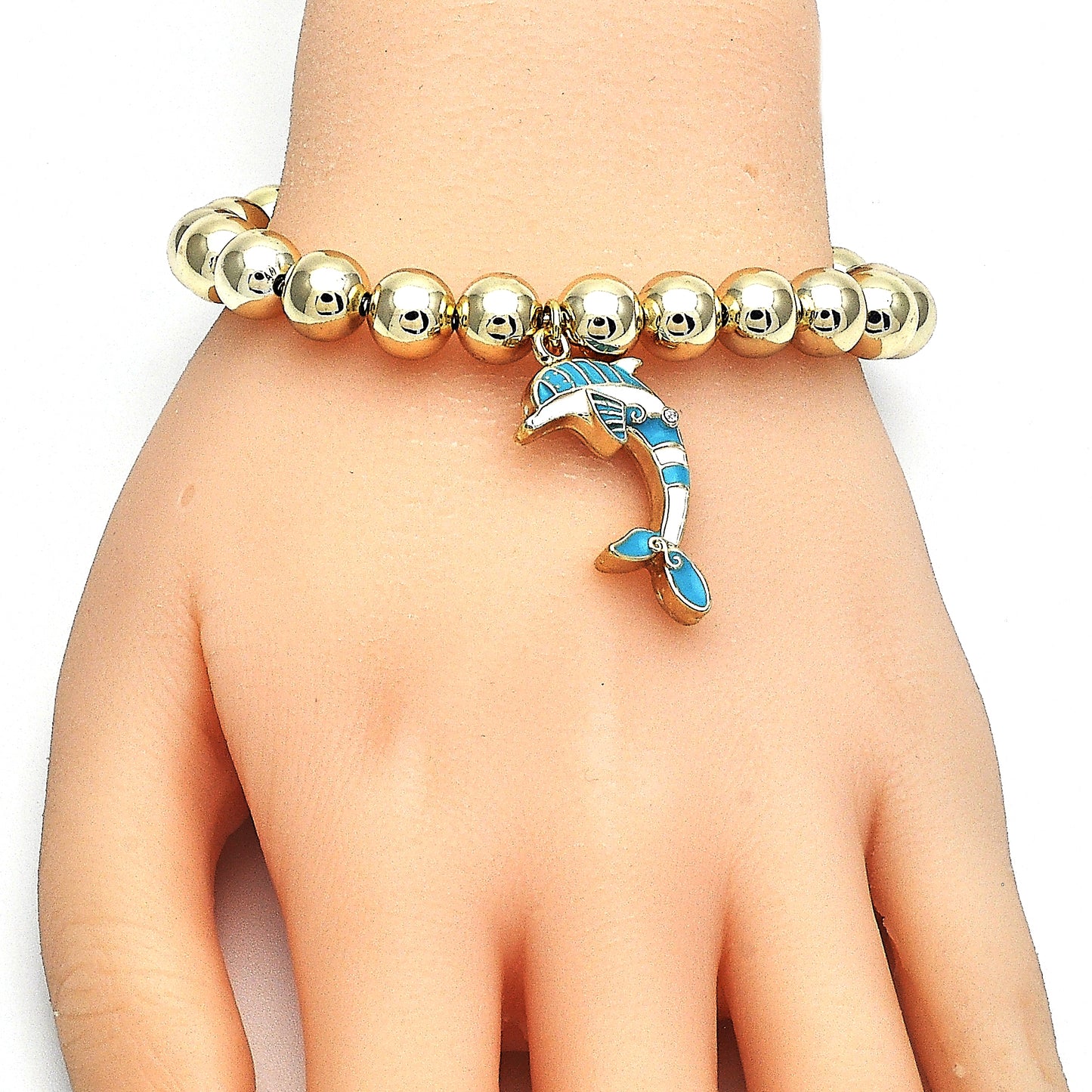Oro Laminado Adjustable Bolo Bracelet, Gold Filled Style Dolphin and Ball Design, with White Crystal, Turquoise Enamel Finish
