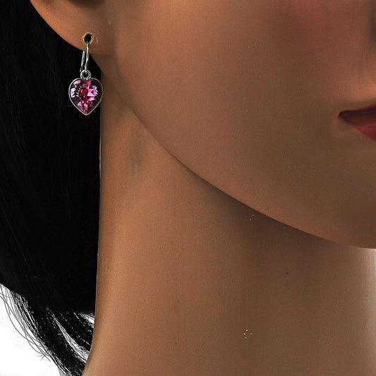 Rhodium Plated Dangle Earring, Heart Design, with Rose Swarovski Crystals, Polished, Rhodium