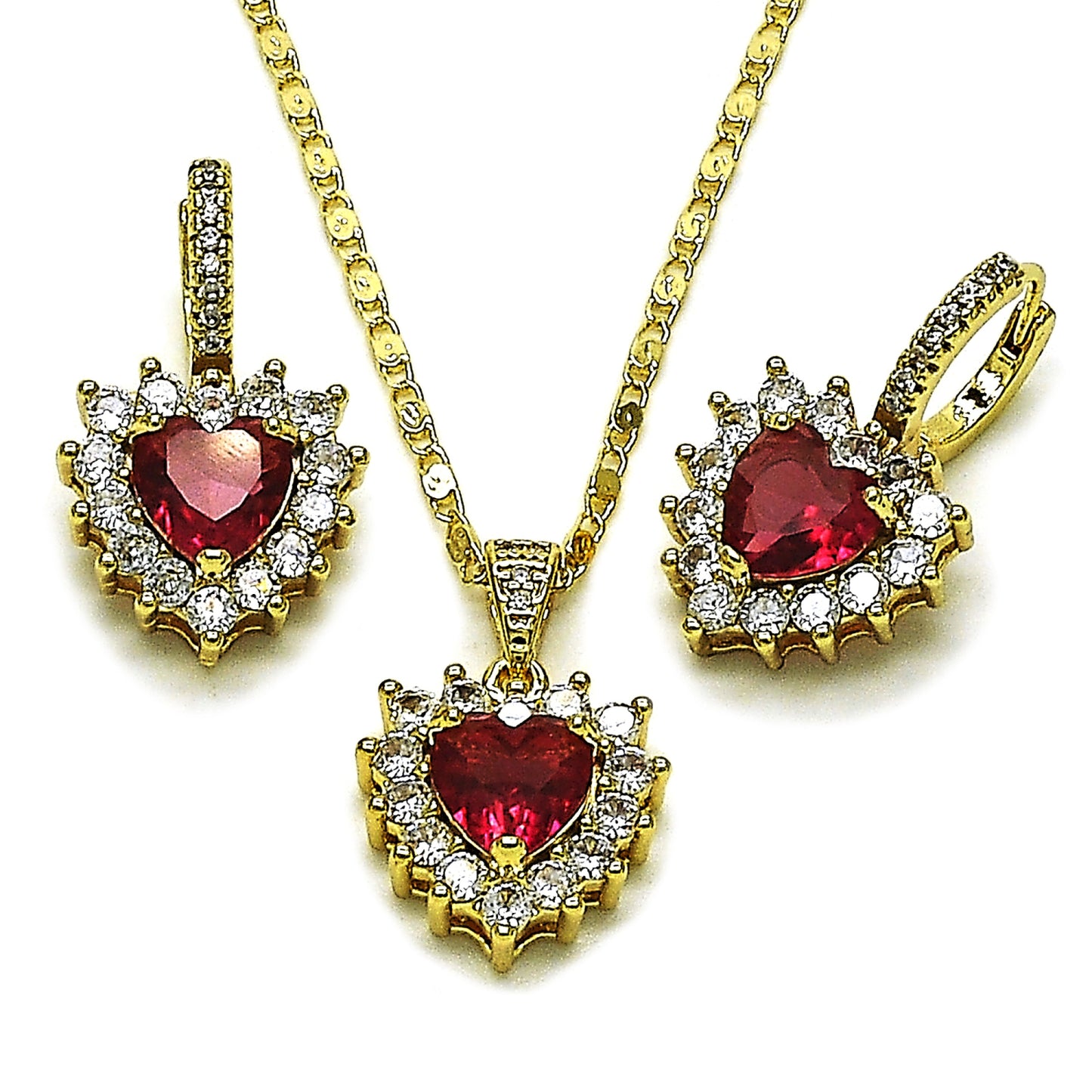 Gold Plated Gold Filled Oro Laminado Oro Laminado Earring and Pendant Adult Set, Gold Filled Style Heart and Cluster Design, with Ruby and White Cubic Zirconia, Polished, Golden 