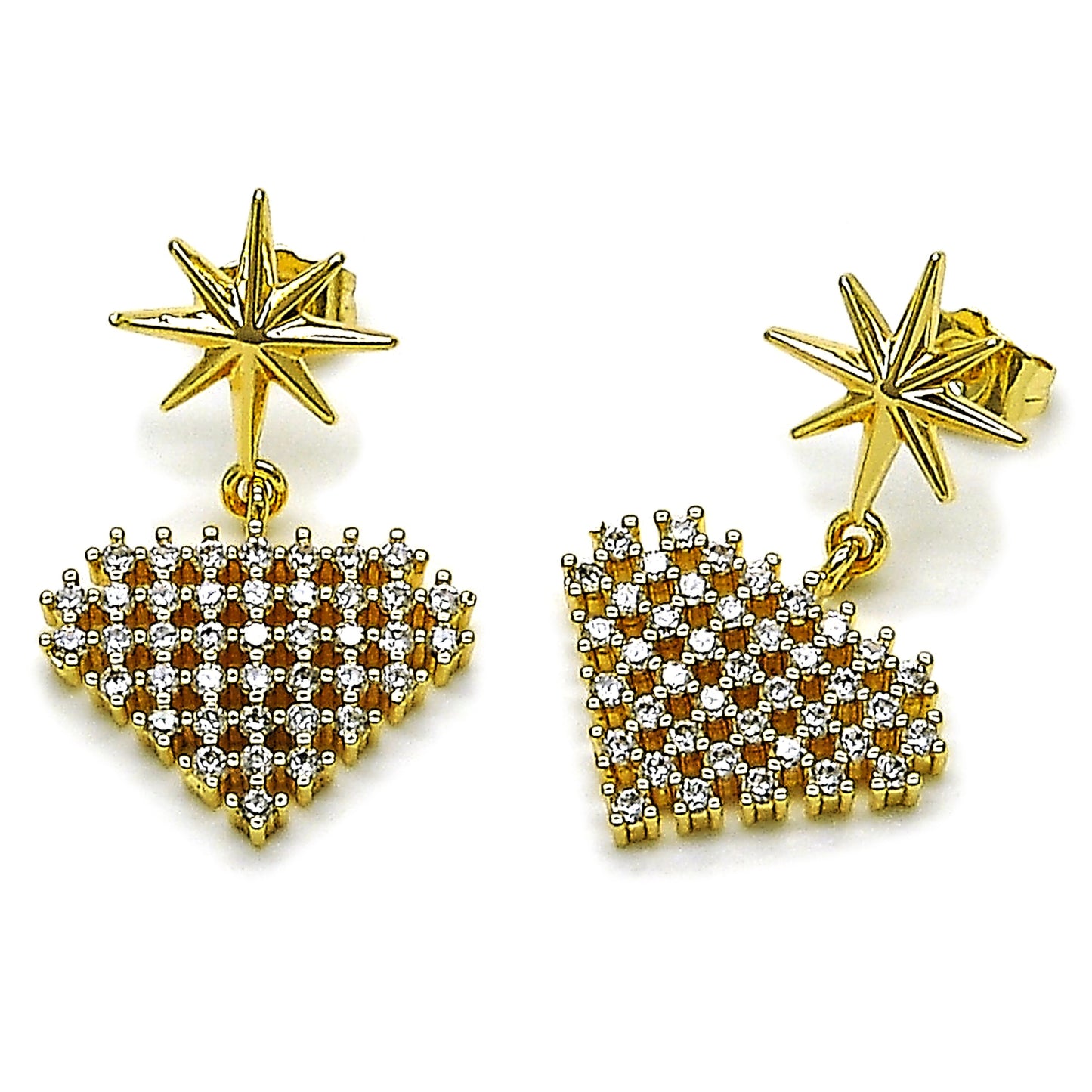 Gold Plated Gold Filled Oro Laminado Oro Laminado Dangle Earring, Gold Filled Style Heart and Star Design, with White Cubic Zirconia, Polished, Golden 