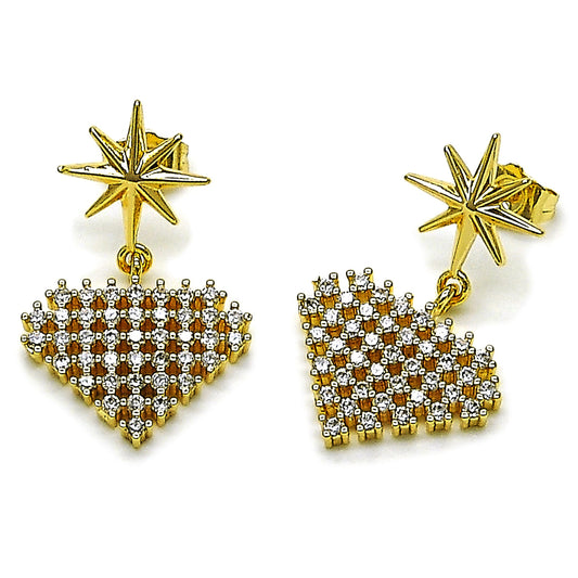 Gold Plated Gold Filled Oro Laminado Oro Laminado Dangle Earring, Gold Filled Style Heart and Star Design, with White Cubic Zirconia, Polished, Golden 