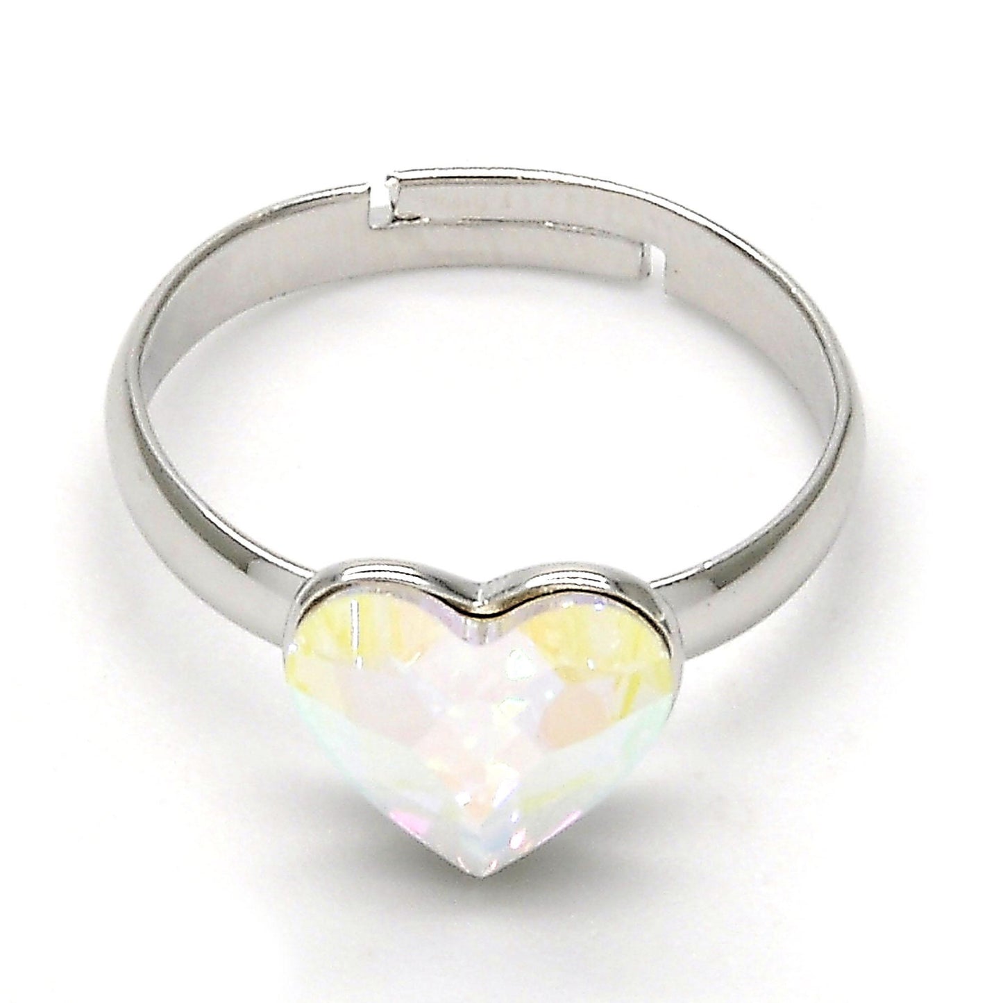 Rhodium Plated Multi Stone Ring, Heart Design, with Aurore Boreale Swarovski Crystals, Polished, Rhodium Finish