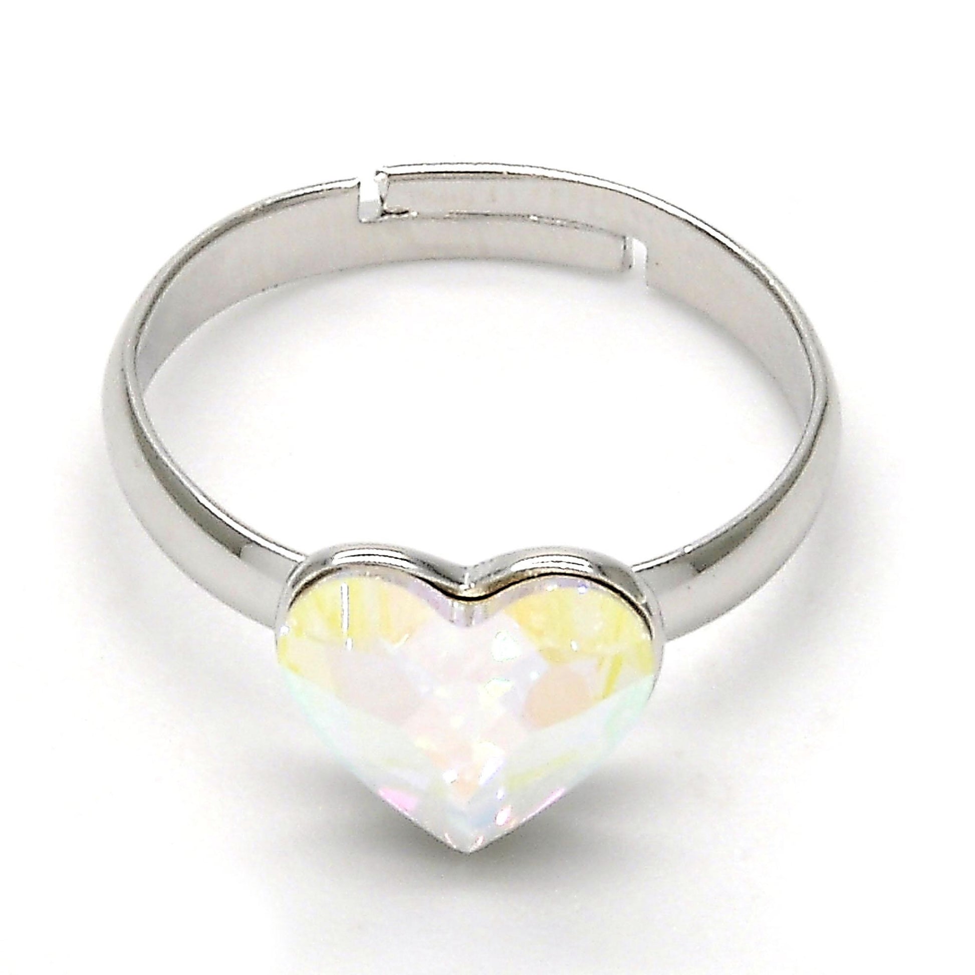 Rhodium Plated Multi Stone Ring, Heart Design, with Aurore Boreale Swarovski Crystals, Polished, Rhodium Finish