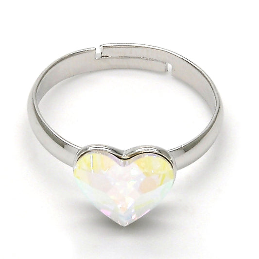 Rhodium Plated Multi Stone Ring, Heart Design, with Aurore Boreale Swarovski Crystals, Polished, Rhodium Finish
