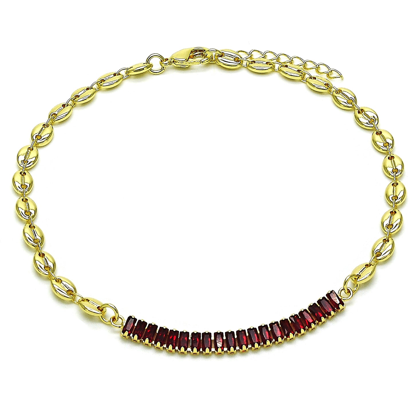 Oro Laminado Fancy Anklet, Gold Filled Style Puff Mariner and Baguette Design, with Garnet Cubic Zirconia, Polished, Golden Finish