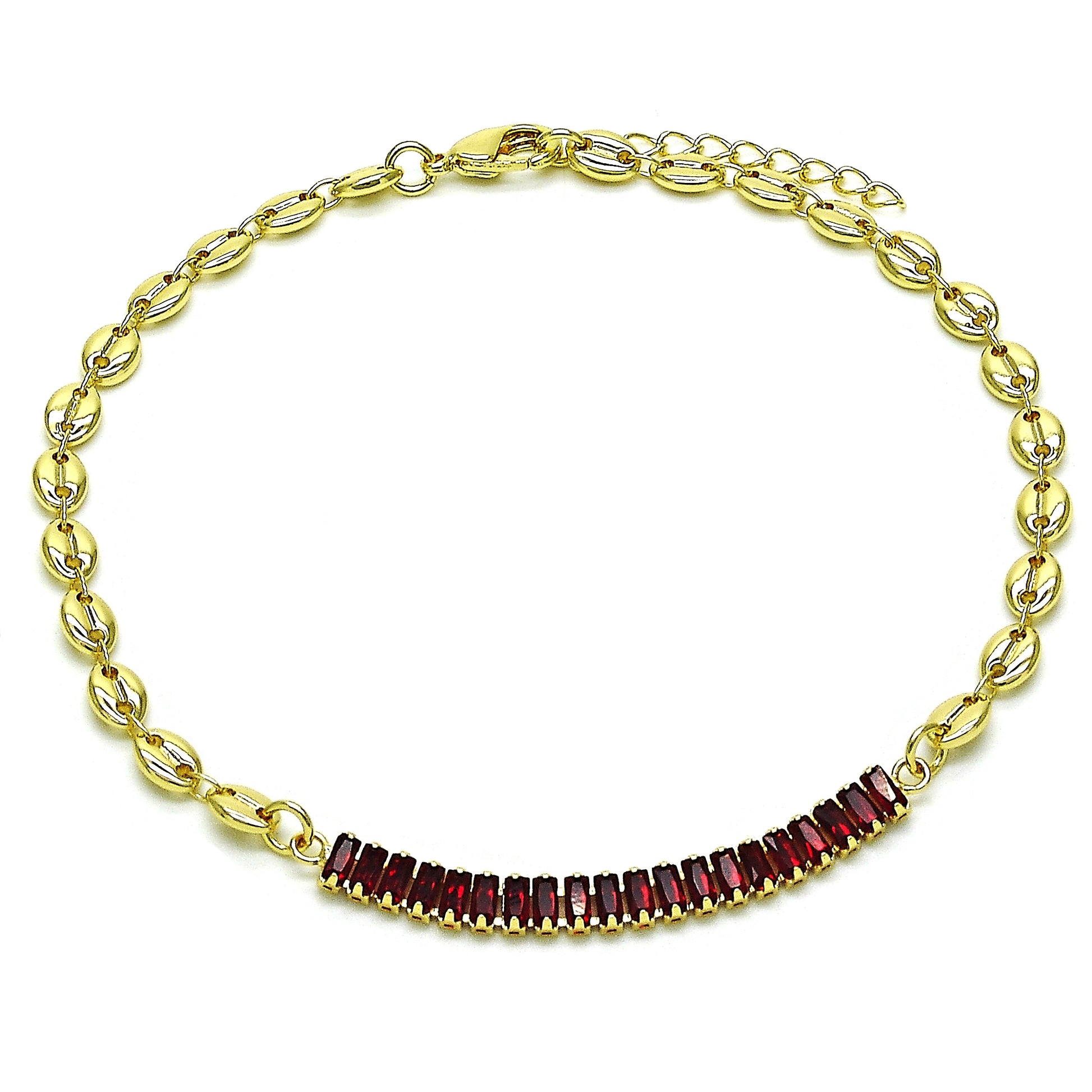 Oro Laminado Fancy Anklet, Gold Filled Style Puff Mariner and Baguette Design, with Garnet Cubic Zirconia, Polished, Golden Finish