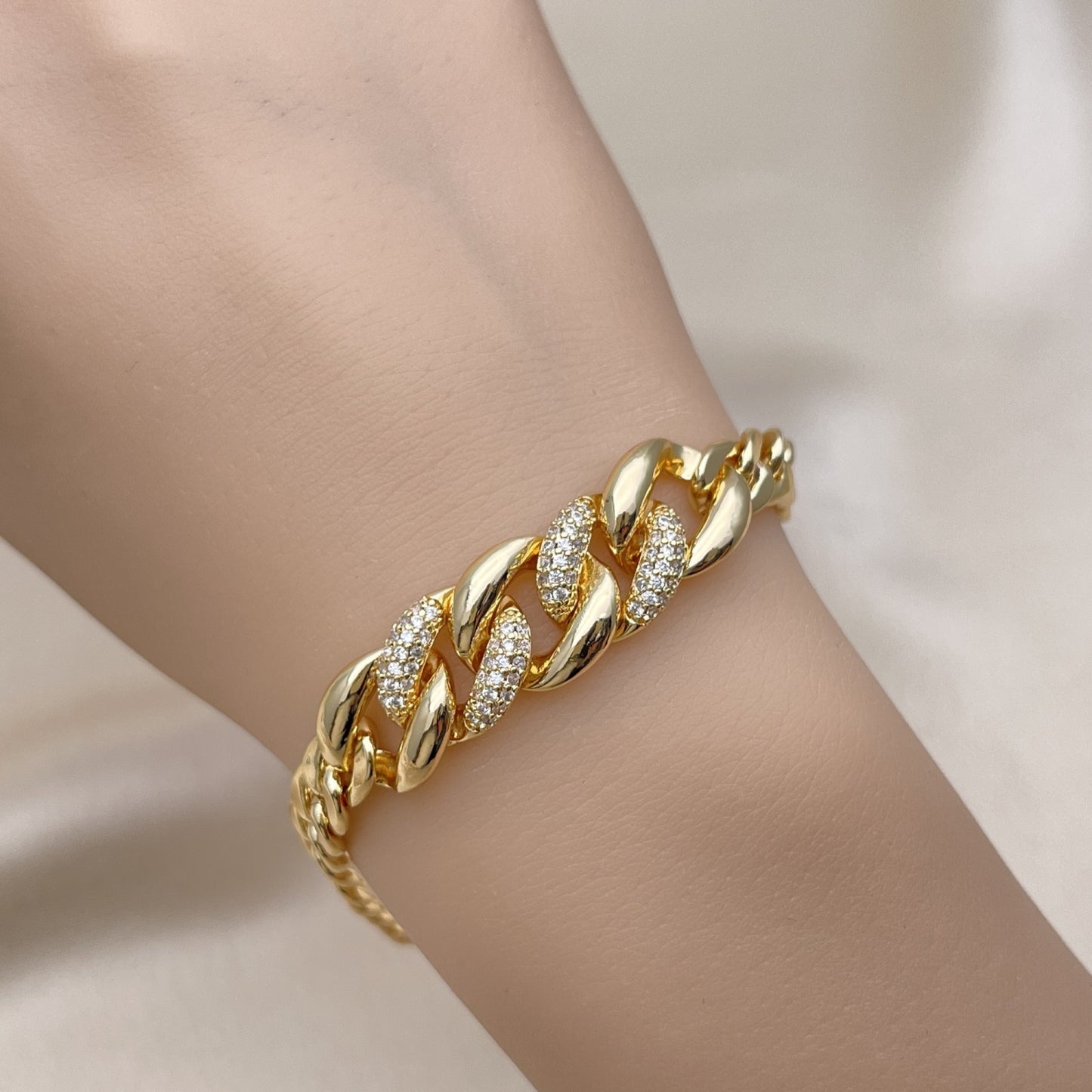 Oro Laminado Fancy Bracelet, Gold Filled Style Curb Design, with White Micro Pave, Polished, Golden