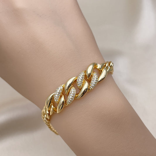Oro Laminado Fancy Bracelet, Gold Filled Style Curb Design, with White Micro Pave, Polished, Golden