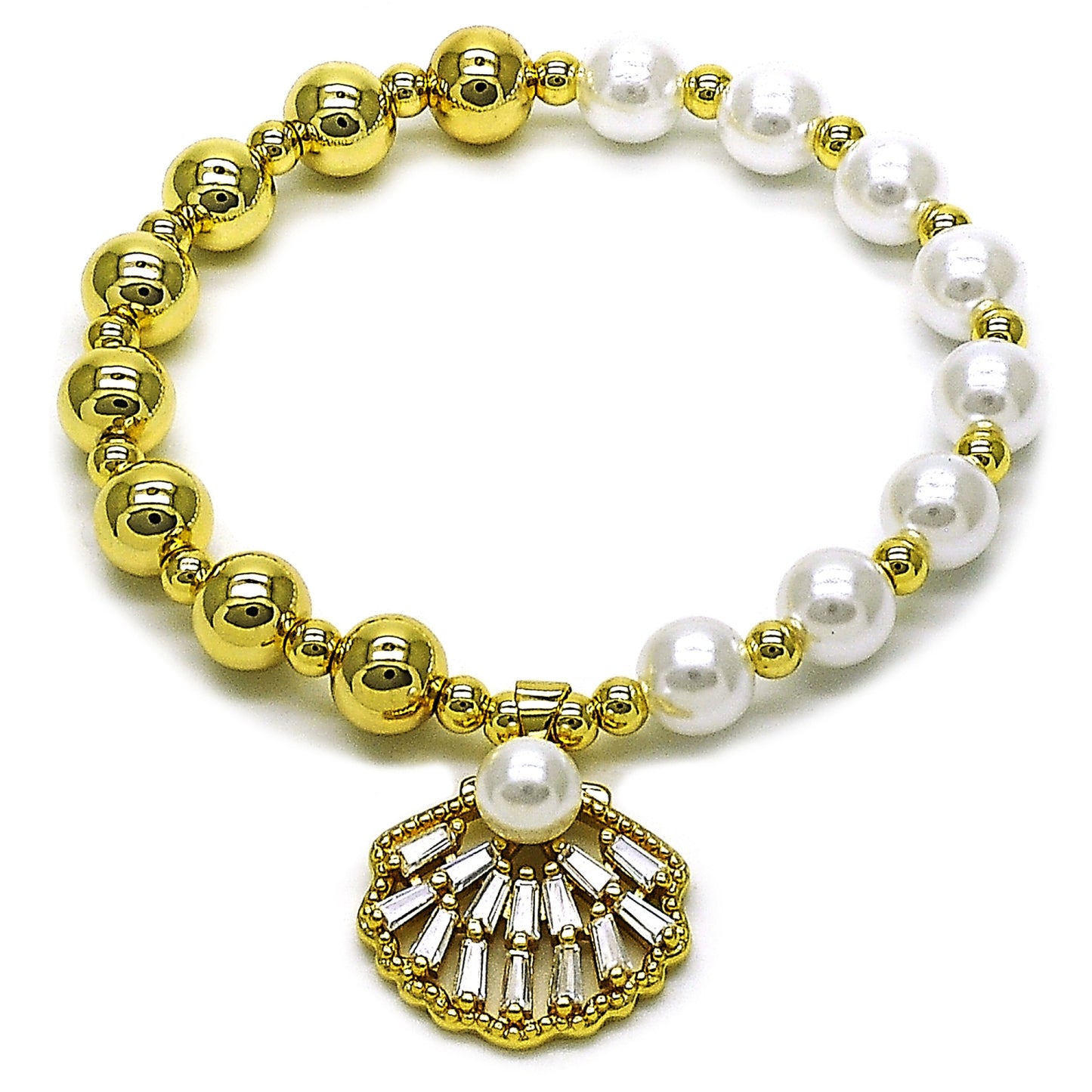 Gold Plated Gold Filled Oro Laminado Oro Laminado Fancy Bracelet, Gold Filled Style Expandable Bead and Shell Design, with White Cubic Zirconia and Ivory Pearl, Polished, Golden 