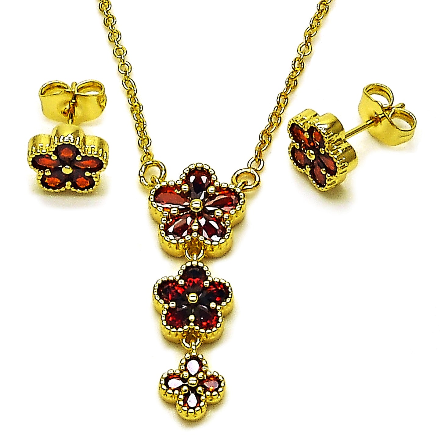Oro Laminado Earring and Pendant Adult Set, Gold Filled Style Flower Design, with Garnet Cubic Zirconia, Polished, Golden Finish
