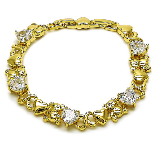 Gold Plated Gold Filled Oro Laminado Oro Laminado Fancy Bracelet, Gold Filled Style Hugs and Kisses and Heart Design, with White Cubic Zirconia, Polished, Golden 