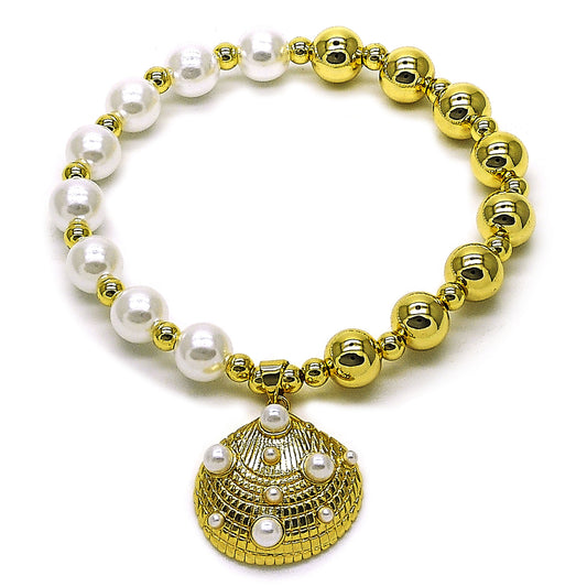 Gold Plated Gold Filled Oro Laminado Oro Laminado Fancy Bracelet, Gold Filled Style Shell and Expandable Bead Design, with Ivory Pearl, Polished, Golden 