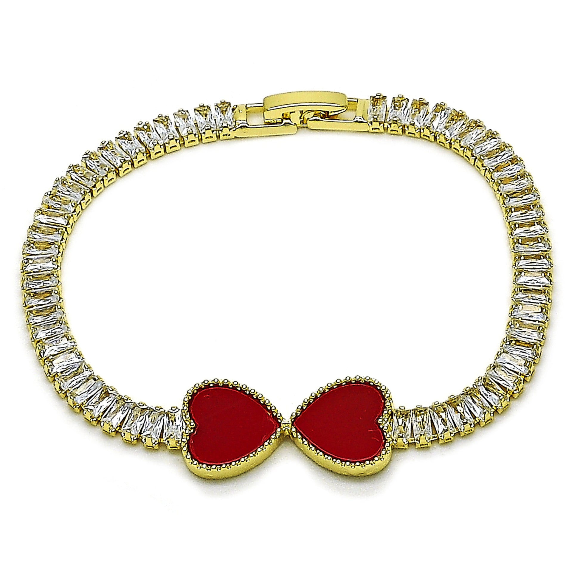 Oro Laminado Fancy Bracelet, Gold Filled Style Heart and Baguette Design, with Garnet Mother of Pearl and White Cubic Zirconia, Polished, Golden Finish