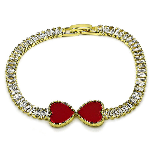 Oro Laminado Fancy Bracelet, Gold Filled Style Heart and Baguette Design, with Garnet Mother of Pearl and White Cubic Zirconia, Polished, Golden Finish