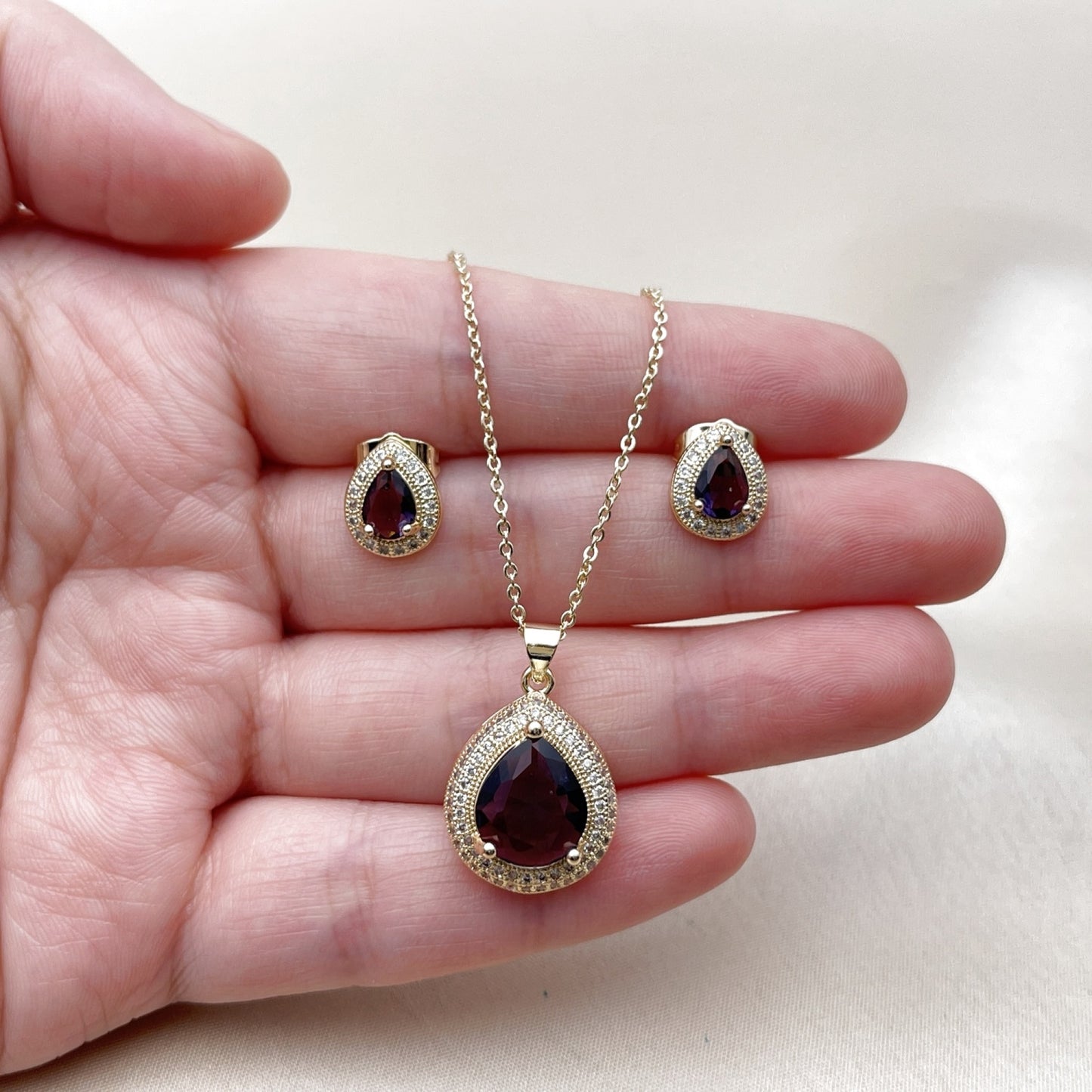 Oro Laminado Earring and Pendant Adult Set, Gold Filled Style Teardrop and Cluster Design, with Amethyst Cubic Zirconia and White Micro Pave, Polished, Golden