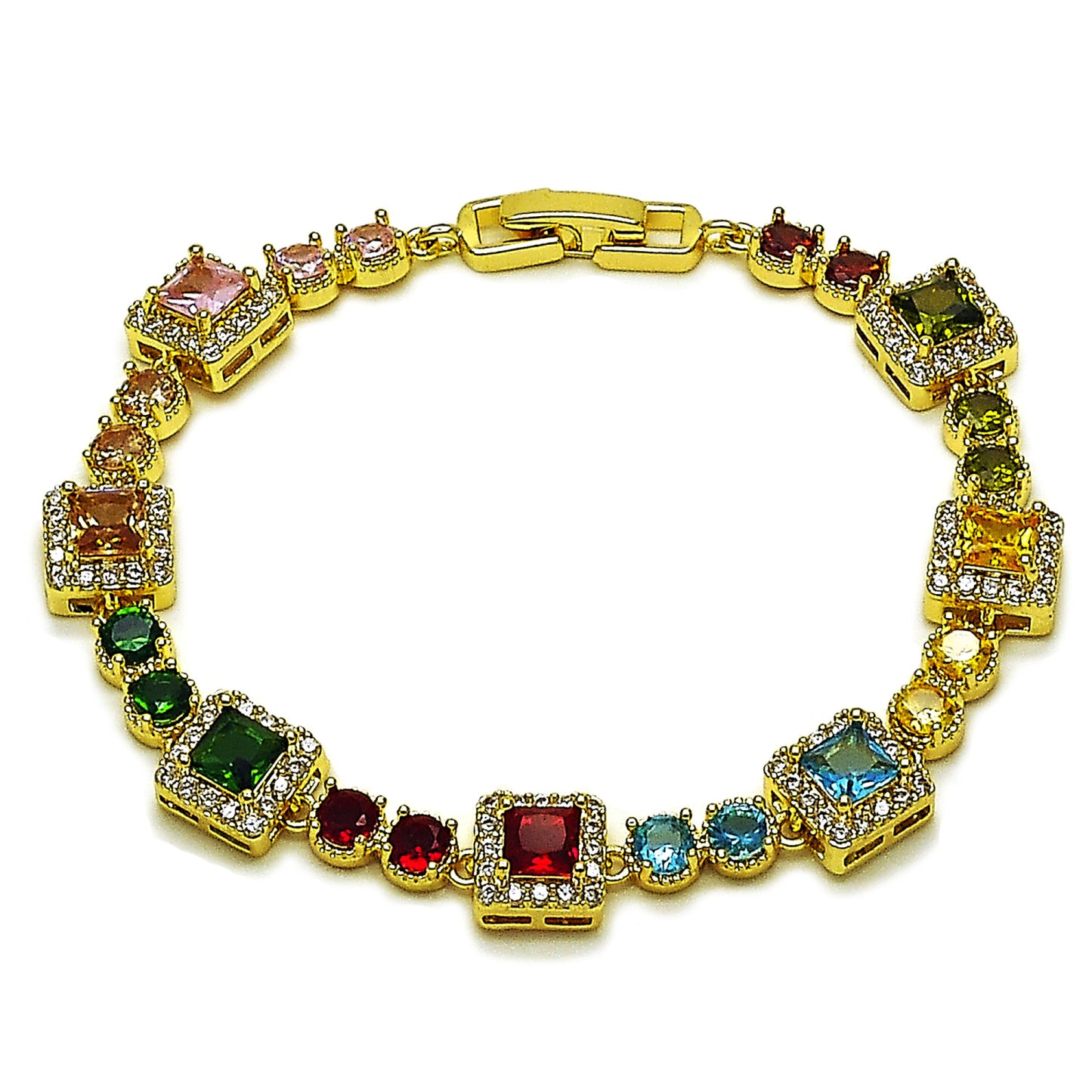 Oro Laminado Tennis Bracelet, Gold Filled Style Cluster Design, with Multicolor and White Cubic Zirconia, Polished, Golden Finish