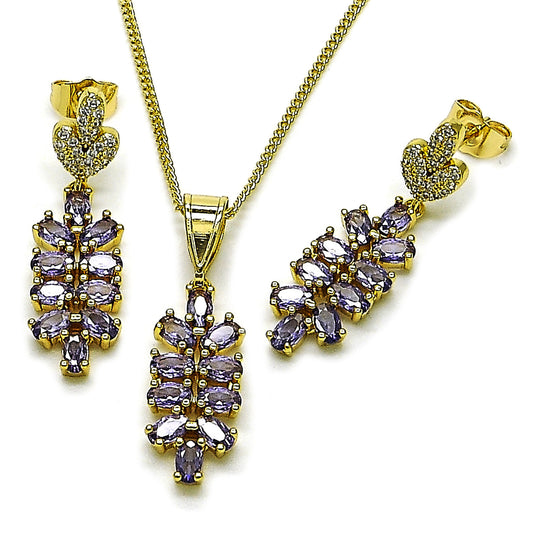 Gold Plated Gold Filled Oro Laminado Oro Laminado Earring and Pendant Adult Set, Gold Filled Style Leaf Design, with White Micro Pave and Amethyst Cubic Zirconia, Polished, Golden 
