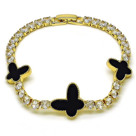 Gold Plated Gold Filled Oro Laminado Oro Laminado Fancy Bracelet, Gold Filled Style Butterfly Design, with Black Mother of Pearl and White Cubic Zirconia, Polished, Golden 
