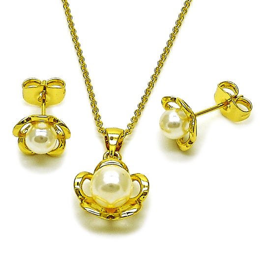 Gold Plated Gold Filled Oro Laminado Oro Laminado Earring and Pendant Adult Set, Gold Filled Style Flower and Ball Design, with Ivory Pearl, Polished, Golden 