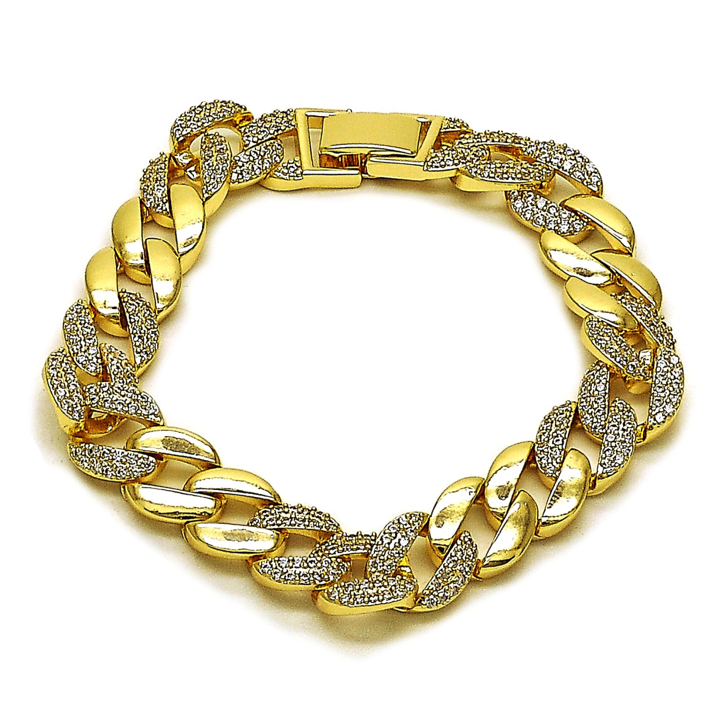 Gold Plated Gold Filled Oro Laminado Oro Laminado Fancy Bracelet, Gold Filled Style Miami Cuban Design, with White Cubic Zirconia, Polished, Golden 